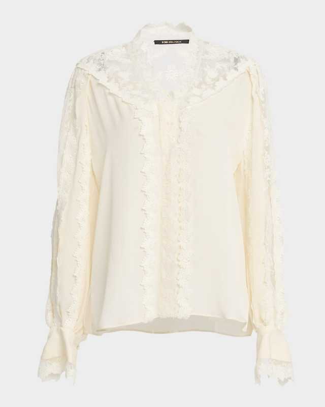 Miguel Embroidered Sheer-Inset Silk Blouse